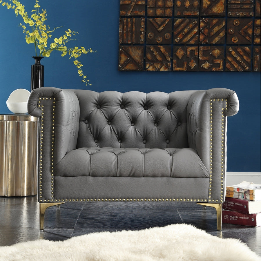 MacArthur PU Leather Modern Contemporary Button Tufted with Gold Nailhead Trim Goldtone Metal Y-leg Club Chair Image 1