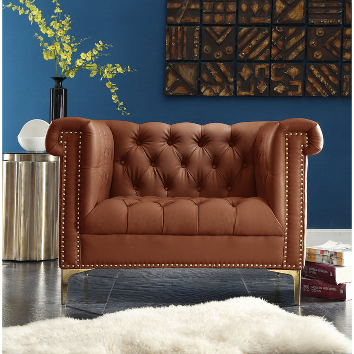 MacArthur PU Leather Modern Contemporary Button Tufted with Gold Nailhead Trim Goldtone Metal Y-leg Club Chair Image 4