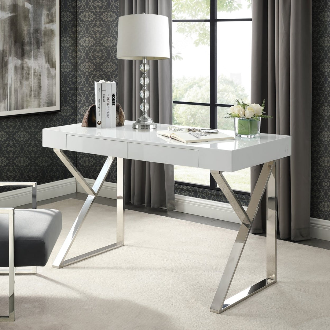 Markee 2 Drawer Writing Desk-High Gloss-Stainless Steel Base-Modern Design-Inspired Home Image 3
