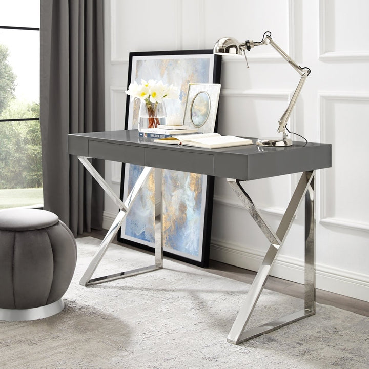 Markee 2 Drawer Writing Desk-High Gloss-Stainless Steel Base-Modern Design-Inspired Home Image 4