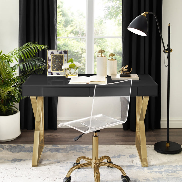 Markee 2 Drawer Writing Desk-High Gloss-Stainless Steel Base-Modern Design-Inspired Home Image 5