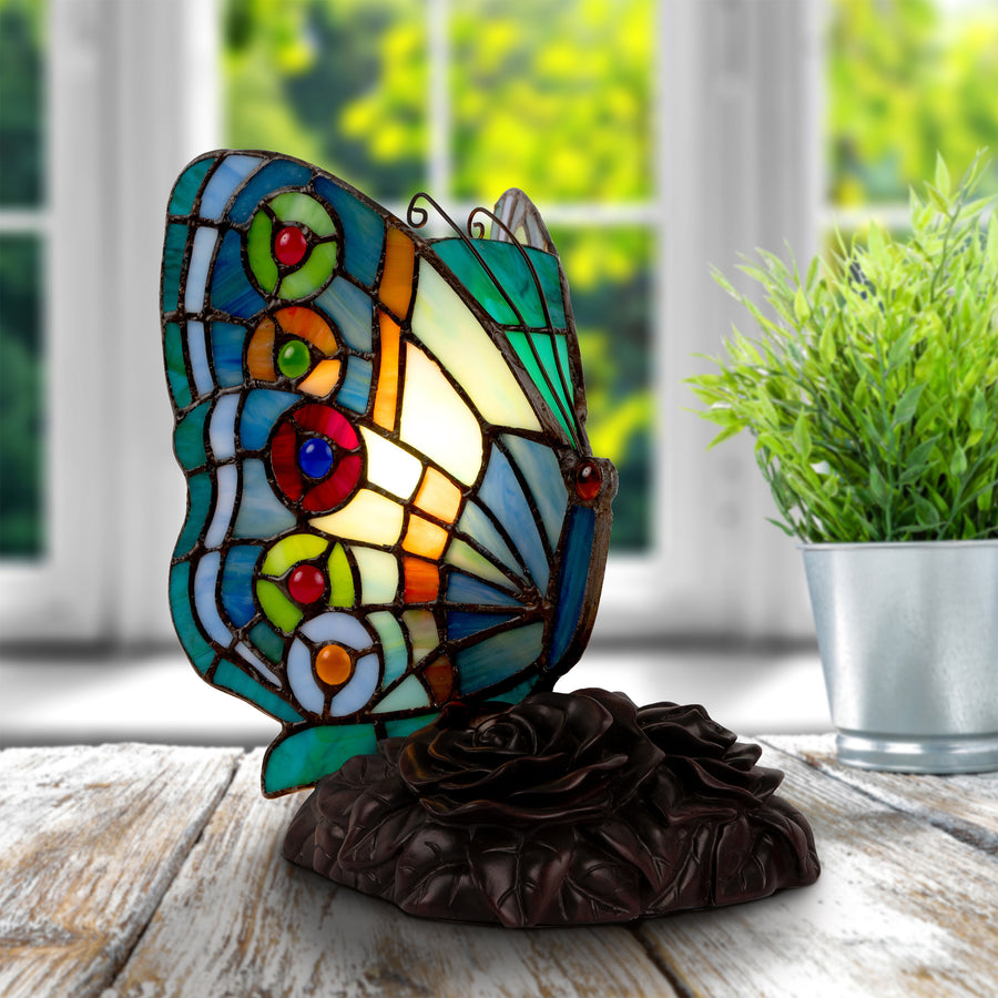 Tiffany Style Butterfly Lamp-Stained Glass Table or Desk Light LED Bulb Included-Vintage Look Colorful Accent Decor Image 1