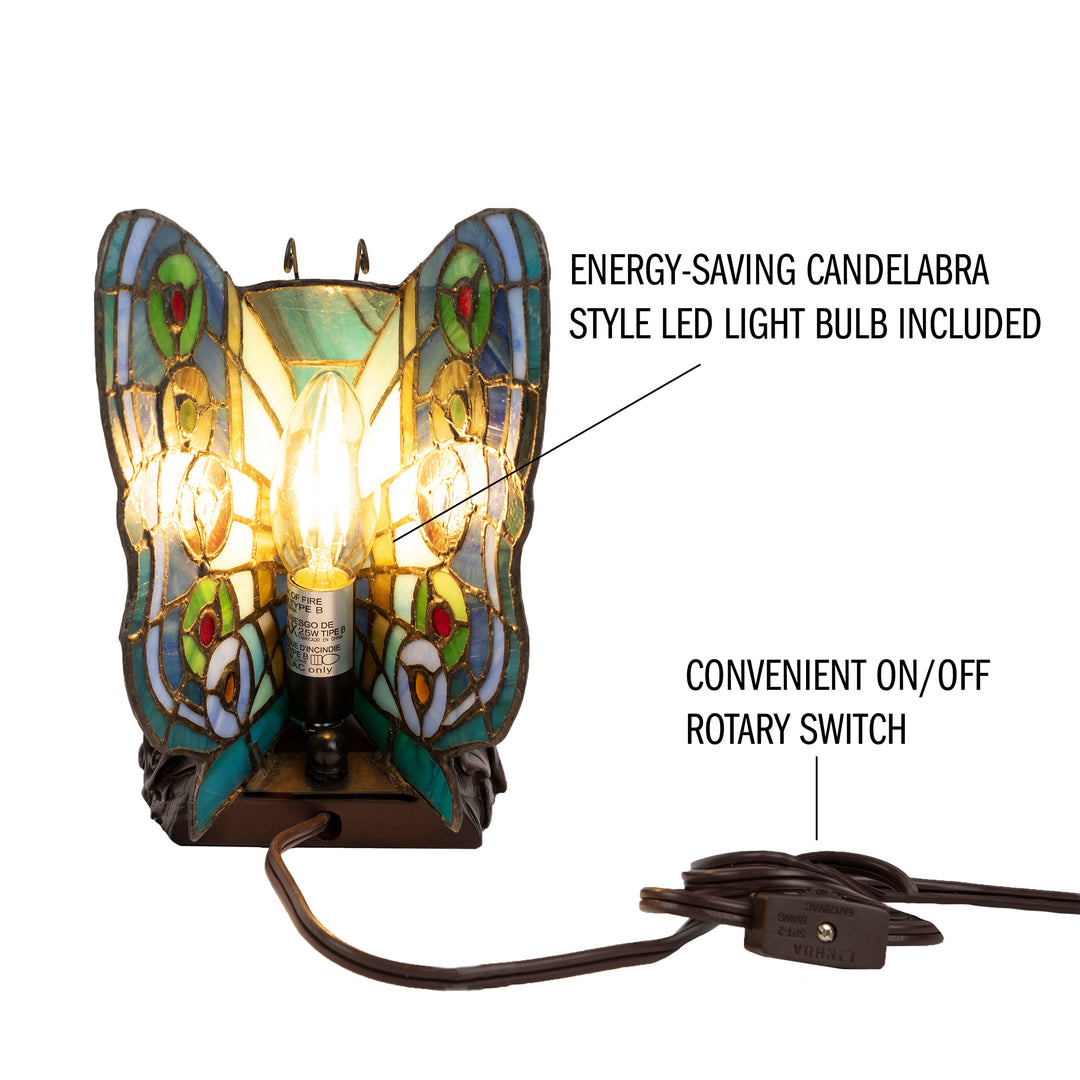 Tiffany Style Butterfly Lamp-Stained Glass Table or Desk Light LED Bulb Included-Vintage Look Colorful Accent Decor Image 3