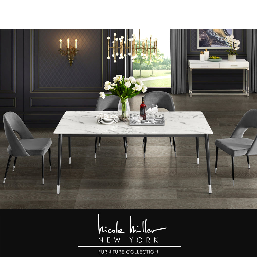 Nicole Miller Vivaan Dining Table-Rectangular Marble Top-Metal Black Leg Silver Tip-Modern Design Image 2