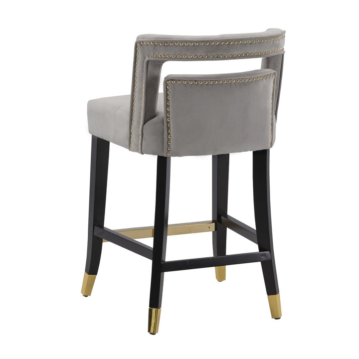 Irrithel Counter Stool Chair Velvet Upholstered Nailhead Trim Half Back Seat Design Gold Tone Footrest Image 1