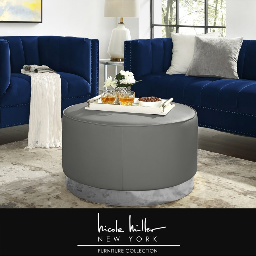 Nicole Miller Zyaire Leather or Velvet Cocktail Ottoman with Chrome or Gold Trim Base Image 1