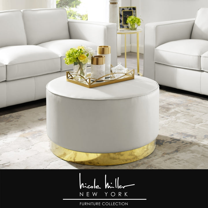 Nicole Miller Zyaire Leather or Velvet Cocktail Ottoman with Chrome or Gold Trim Base Image 2