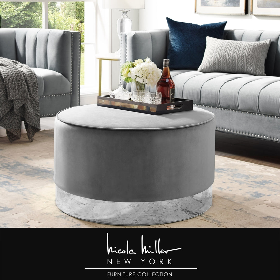 Nicole Miller Zyaire Leather or Velvet Cocktail Ottoman with Chrome or Gold Trim Base Image 3