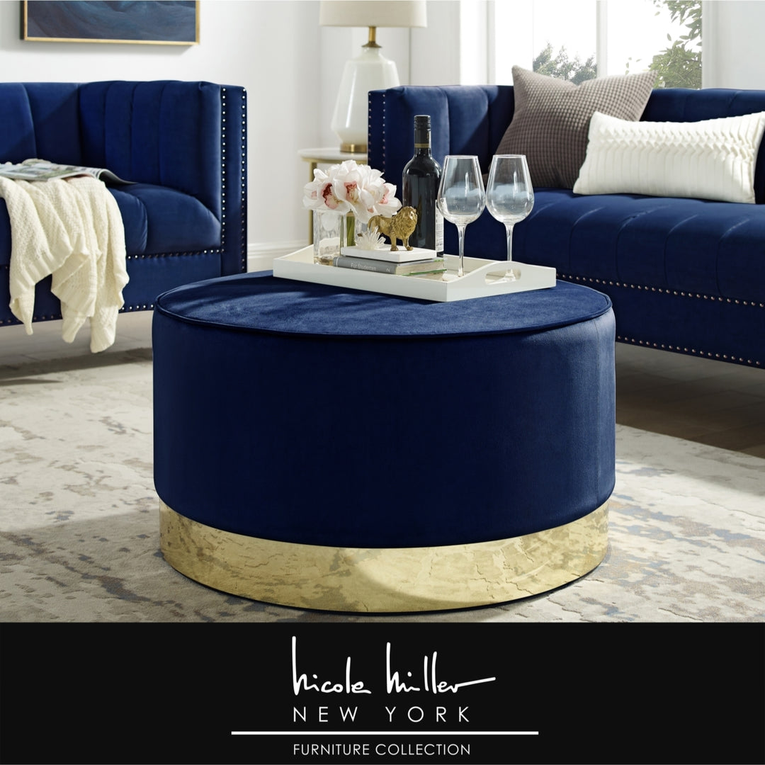 Nicole Miller Zyaire Leather or Velvet Cocktail Ottoman with Chrome or Gold Trim Base Image 4