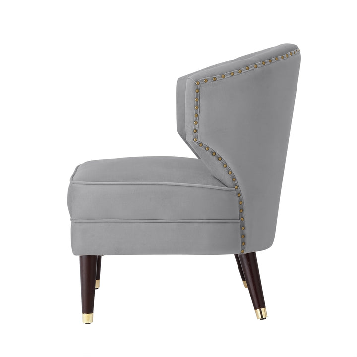 Nicole Miller Trung Velvet Accent Chair-Channel Tufted Back-Cherry Legs-Gold Metal Tip -Nailheads Image 4