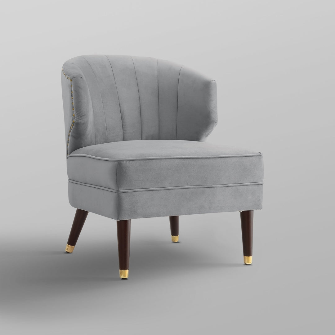 Nicole Miller Trung Velvet Accent Chair-Channel Tufted Back-Cherry Legs-Gold Metal Tip -Nailheads Image 6
