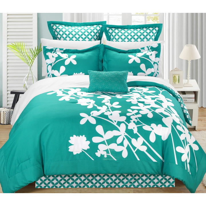7 Piece Sire Reversible large scale floral design printed with diamond pattern reverse Comforter Image 1