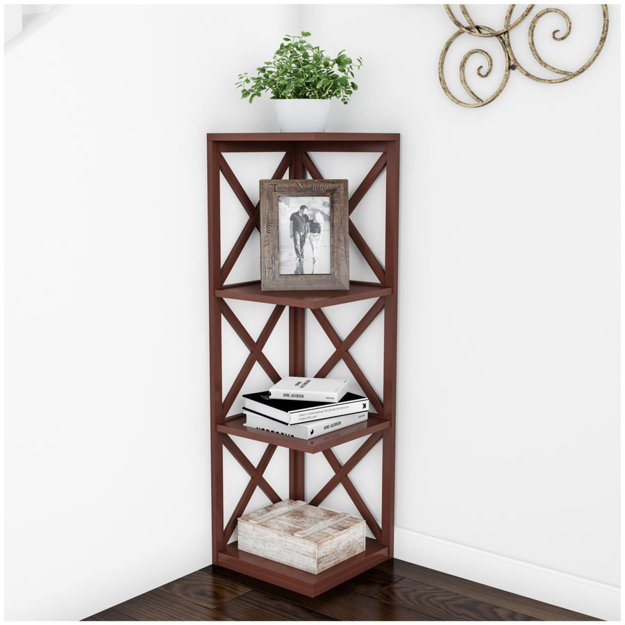 4-Shelf Corner Bookcase- Open Criss-Cross Style Etagere Shelving Unit for Decoration, Storage and Display Image 1