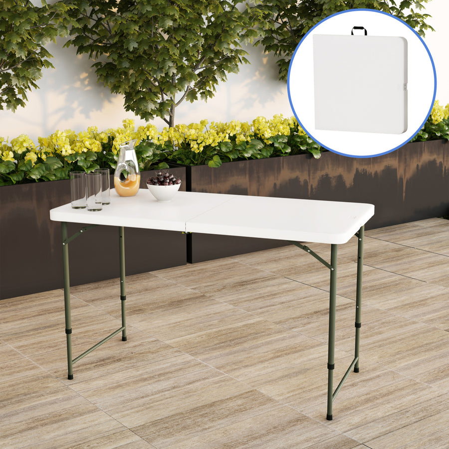 Folding Table with Easy Carry Handle 4 Foot Plastic Utility Tabletop-2 Height Settings, Folds in Half Image 1