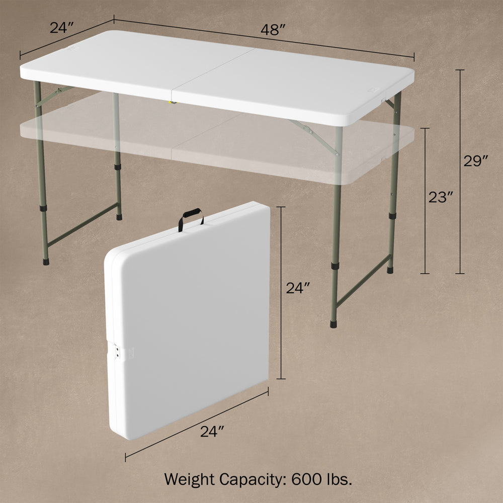 Folding Table with Easy Carry Handle 4 Foot Plastic Utility Tabletop-2 Height Settings, Folds in Half Image 2