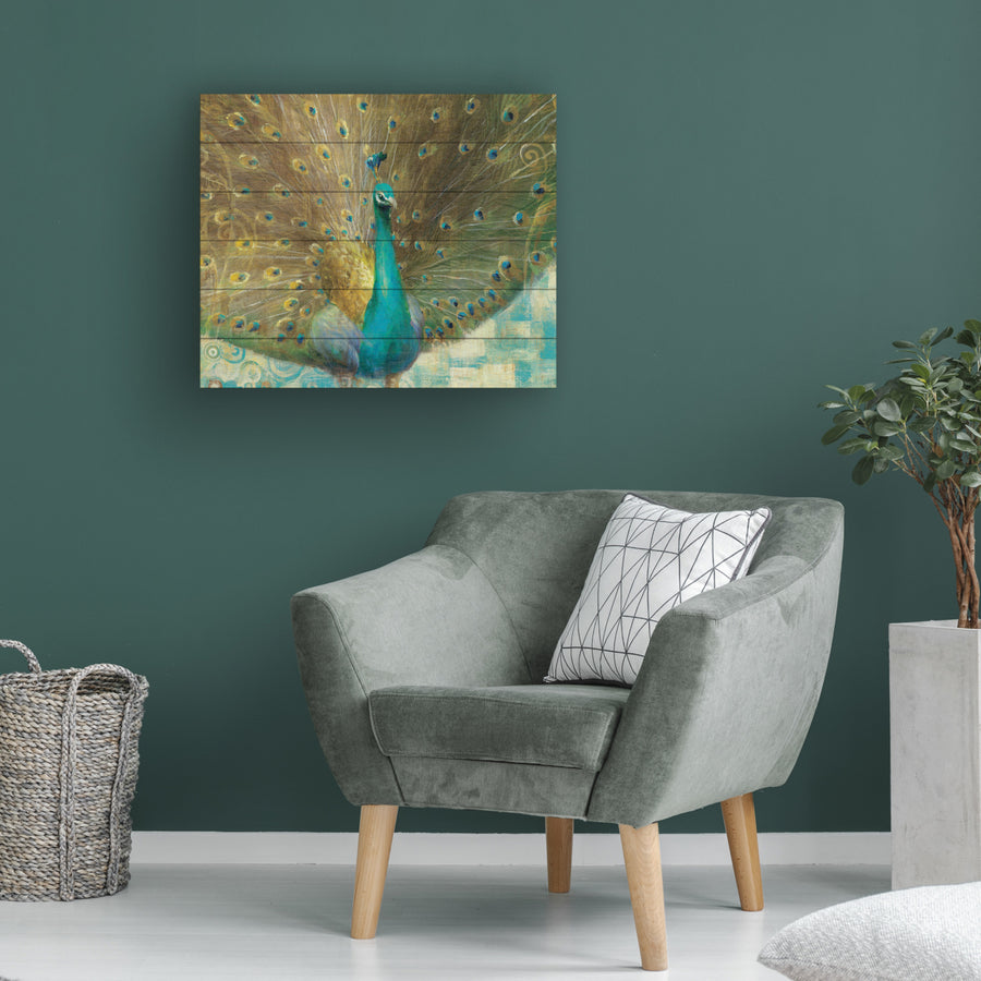 Wooden Slat Art 18 x 22 Inches Titled Teal Peacock on Gold Ready to Hang  Picture Image 1