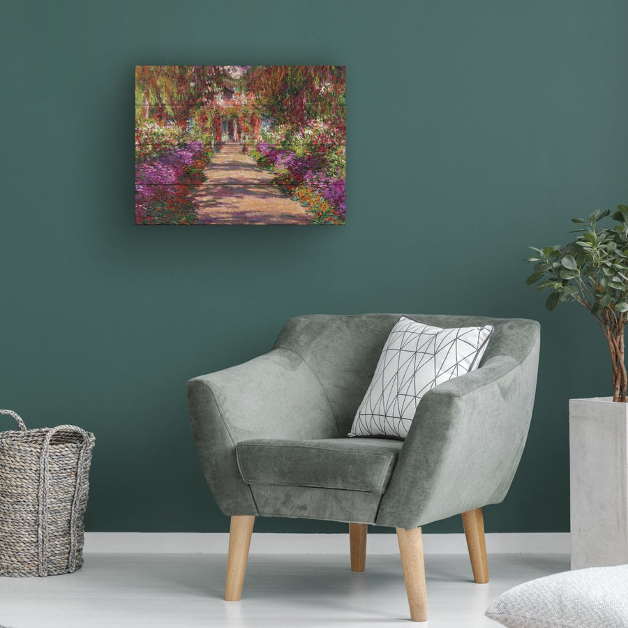 Wall Art 12 x 16 Inches Titled A Pathway in Monets Garden Ready to Hang Printed on Wooden Planks Image 1