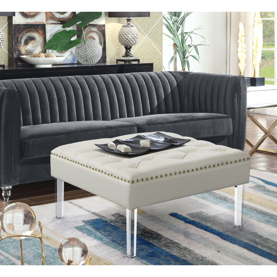 Marie Square Ottoman Center Table Button Tufted PU Leather Upholstered Acrylic Legs Image 1