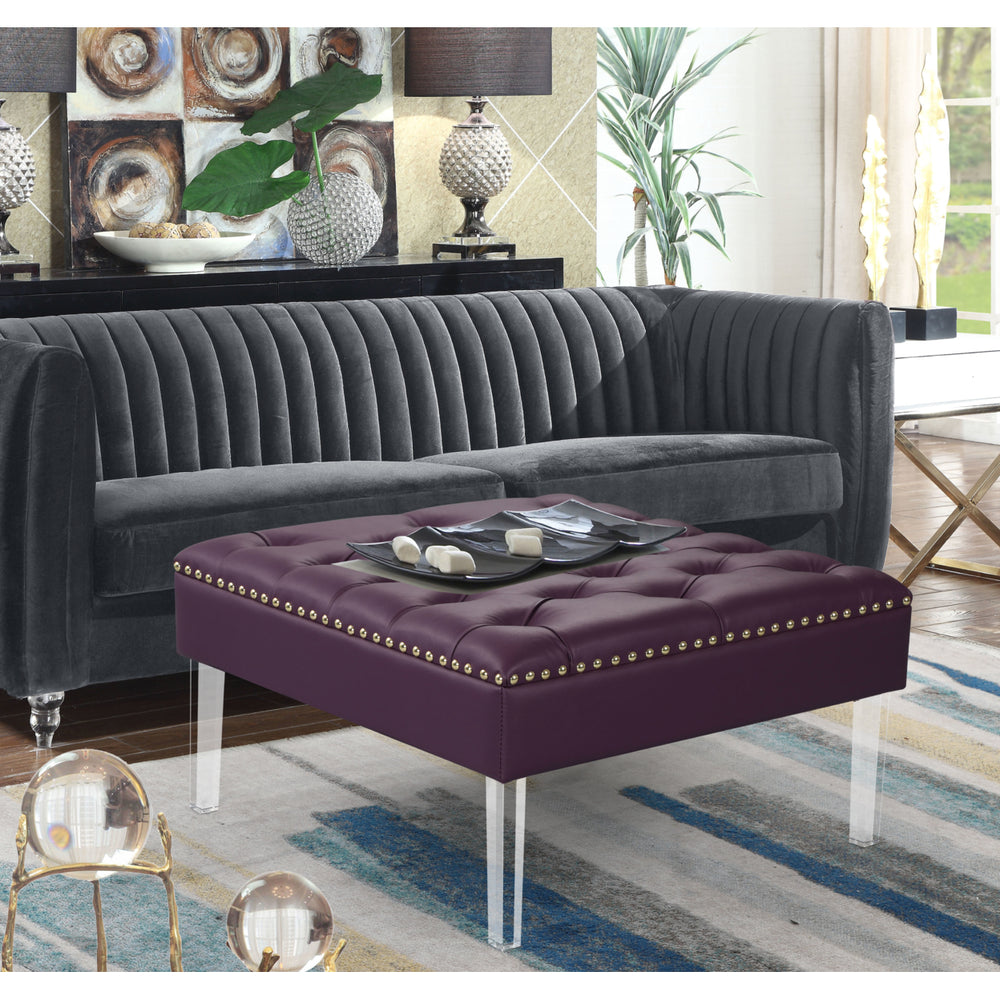 Marie Square Ottoman Center Table Button Tufted PU Leather Upholstered Acrylic Legs Image 2