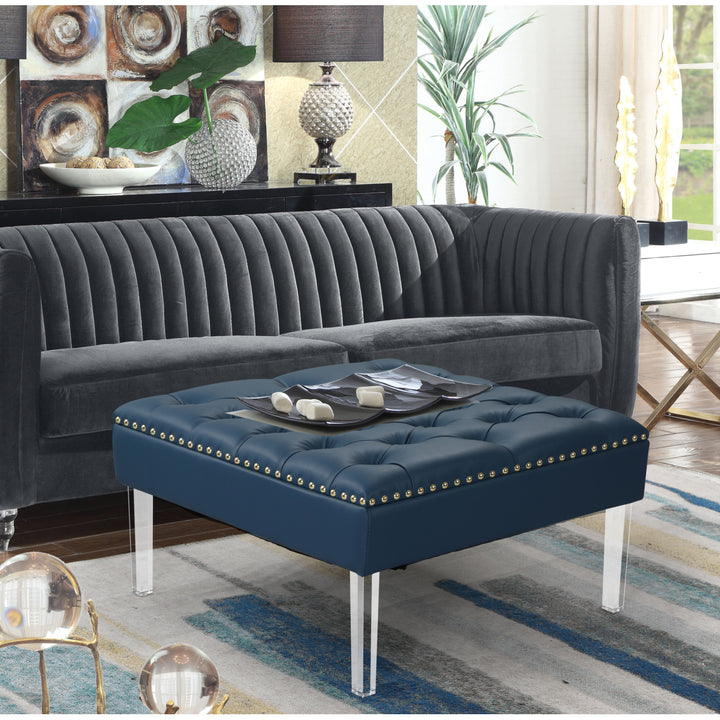Marie Square Ottoman Center Table Button Tufted PU Leather Upholstered Acrylic Legs Image 4