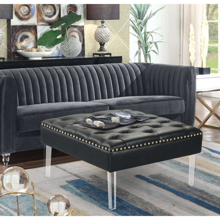 Marie Square Ottoman Center Table Button Tufted PU Leather Upholstered Acrylic Legs Image 5