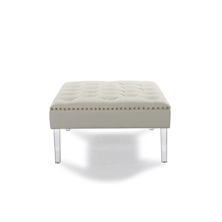 Marie Square Ottoman Center Table Button Tufted PU Leather Upholstered Acrylic Legs Image 7