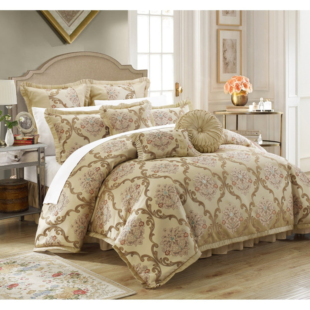 9 Piece Aubrey Decorator Upholstery Quality Jacquard Scroll Fabric Complete Master Bedroom Comforter Set and pillows Image 4