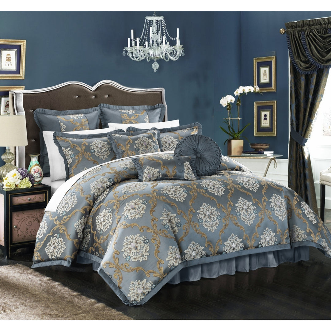 9 Piece Aubrey Decorator Upholstery Quality Jacquard Scroll Fabric Complete Master Bedroom Comforter Set and pillows Image 3