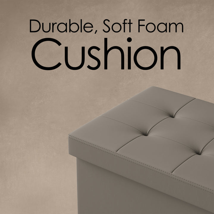 Folding Storage Bench Ottoman Faux Gray Leather- Foam Padded Lid-Removable Bin-Organizer for Home, Bedroom Image 4
