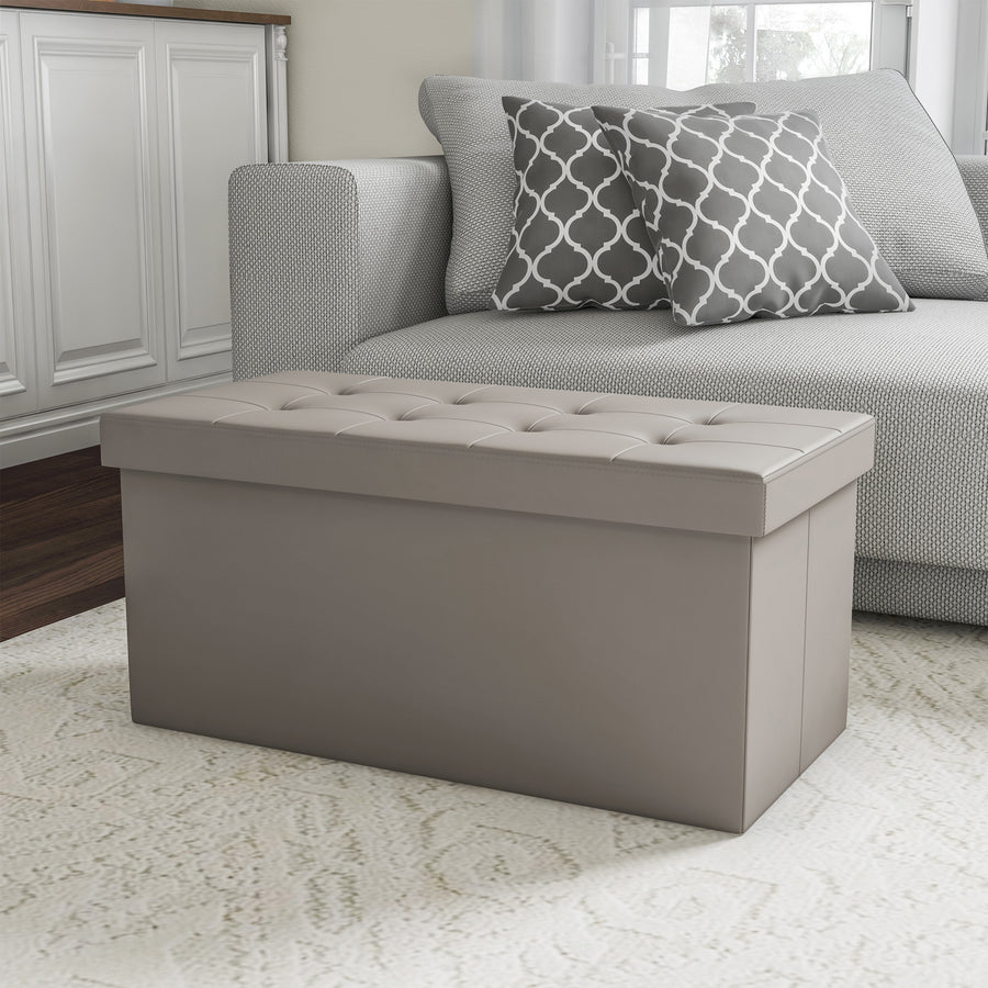 Folding Storage Bench Ottoman Faux Gray Leather- Foam Padded Lid-Removable Bin-Organizer for Home, Bedroom Image 1