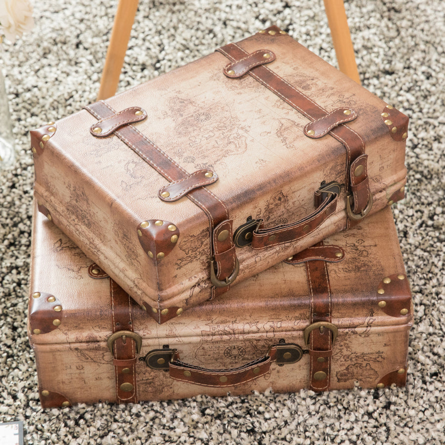 Set of 2 Vintage-Style World Map Leather Suitcase Trunks with Straps and Handle Image 1