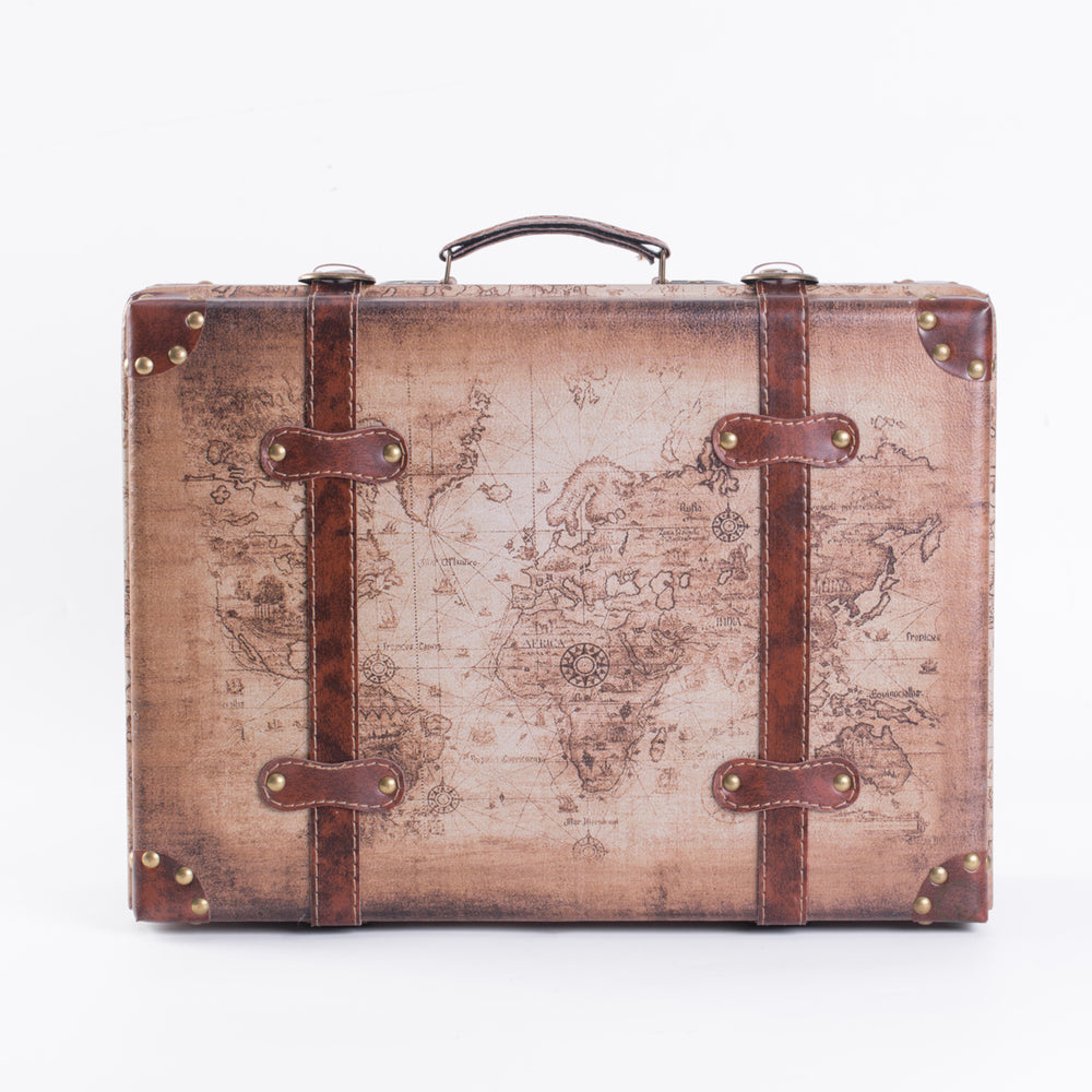 Set of 2 Vintage-Style World Map Leather Suitcase Trunks with Straps and Handle Image 2