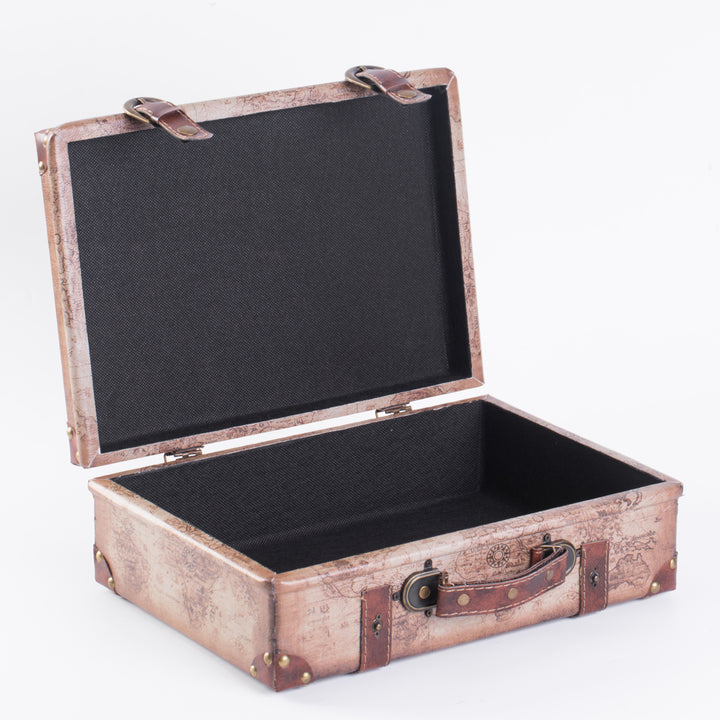 Set of 2 Vintage-Style World Map Leather Suitcase Trunks with Straps and Handle Image 4
