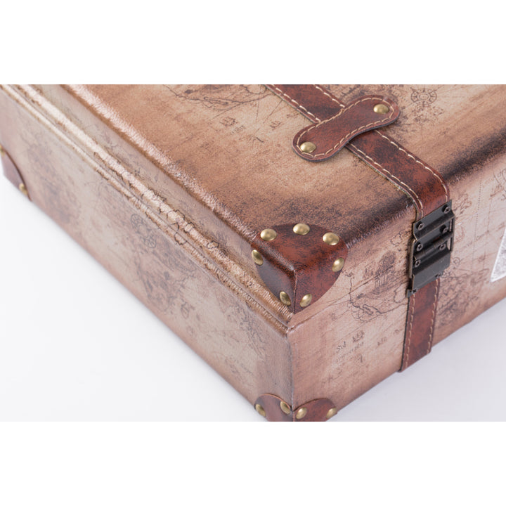 Set of 2 Vintage-Style World Map Leather Suitcase Trunks with Straps and Handle Image 5
