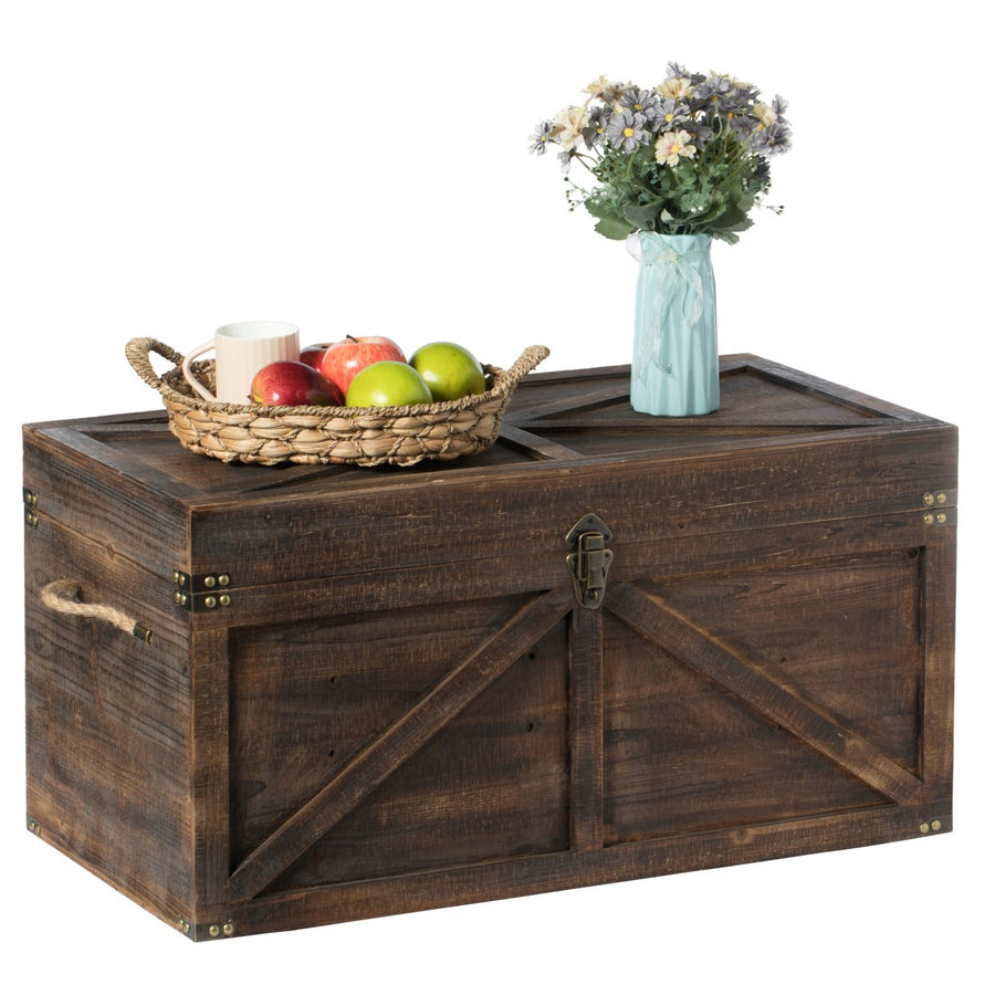 Brown Large Wooden Lockable Trunk Farmhouse Style Rustic Design Lined Storage Chest with Rope Handles Image 1