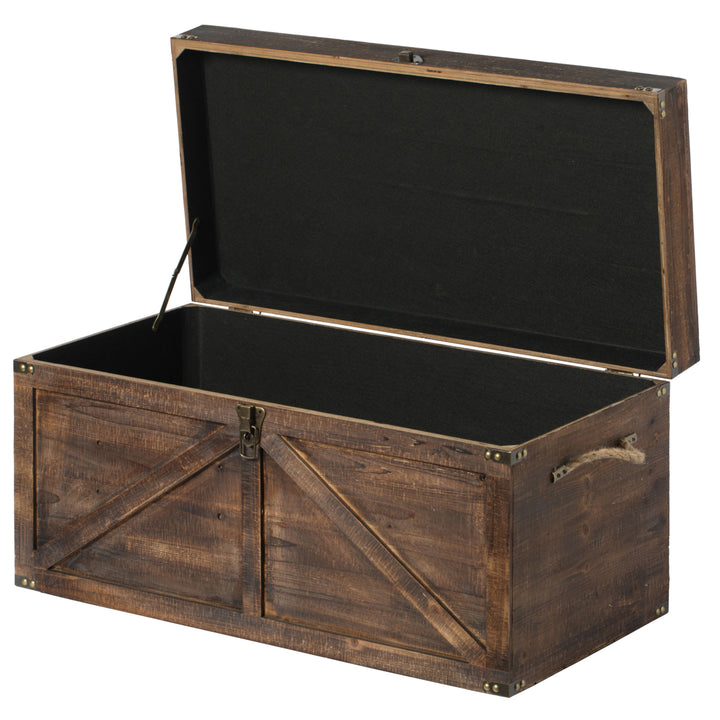 Brown Large Wooden Lockable Trunk Farmhouse Style Rustic Design Lined Storage Chest with Rope Handles Image 3