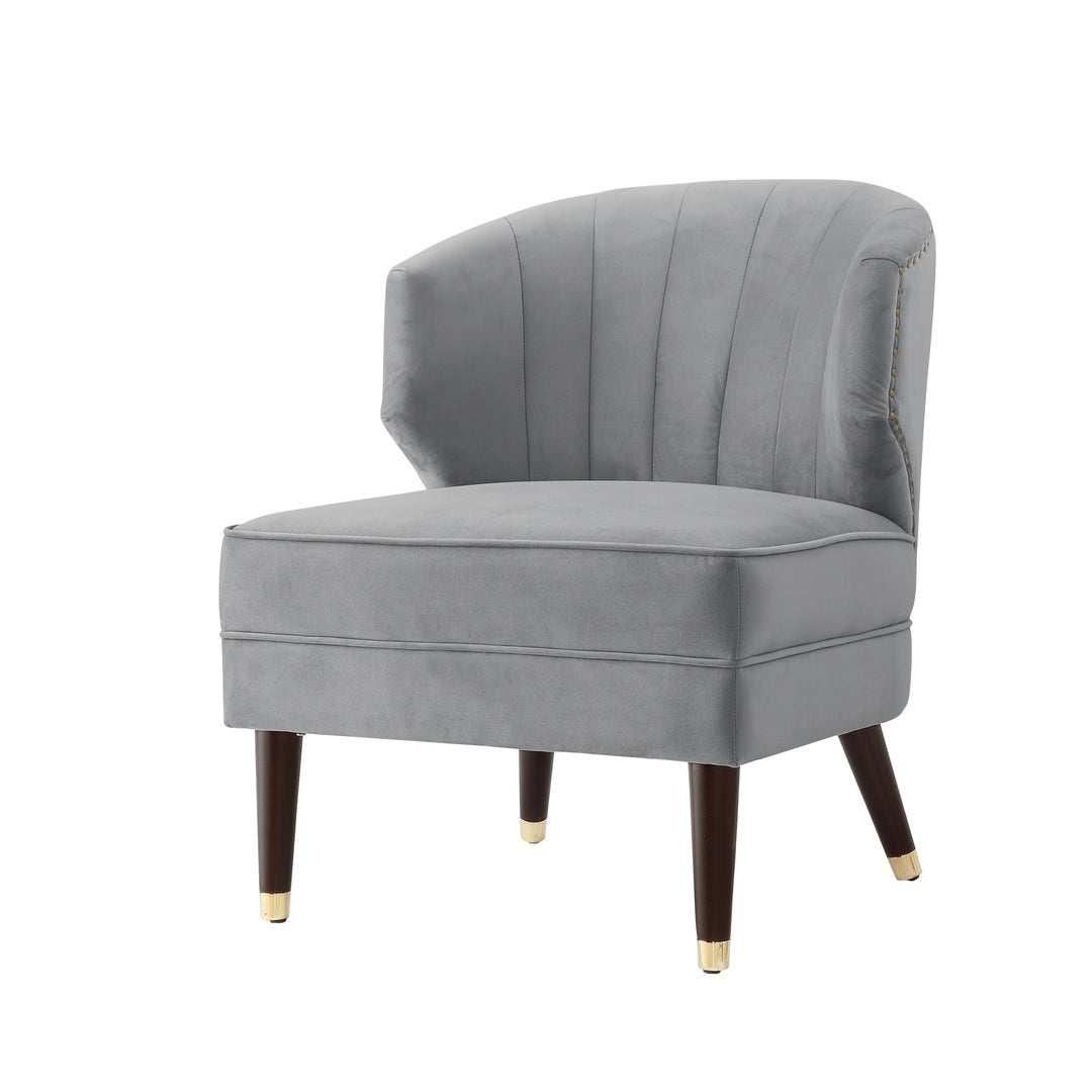Nicole Miller Trung Velvet Accent Chair-Channel Tufted Back-Cherry Legs-Gold Metal Tip -Nailheads Image 10