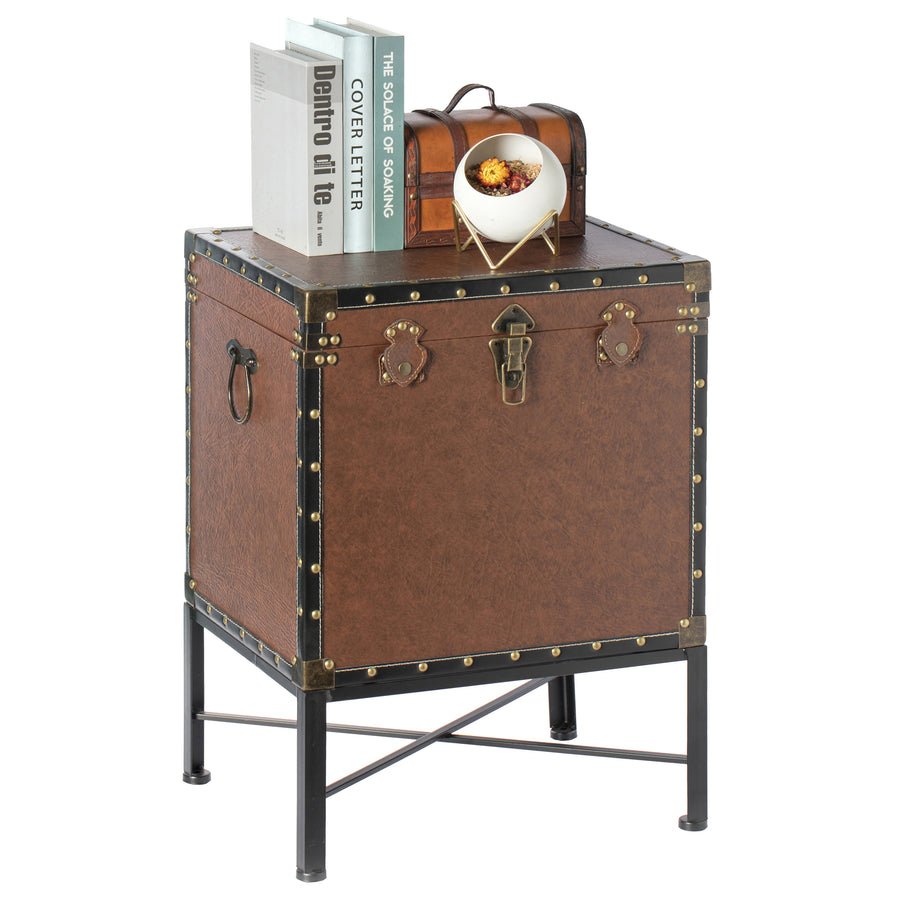 Faux Leather Trimmed Lockable Square Lined Storage Trunk, End Table on Metal Stand Image 1