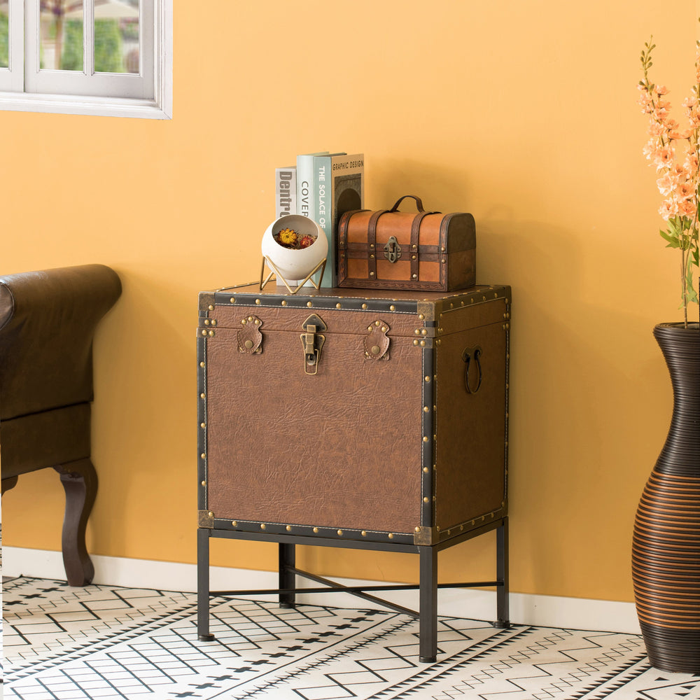Faux Leather Trimmed Lockable Square Lined Storage Trunk, End Table on Metal Stand Image 2