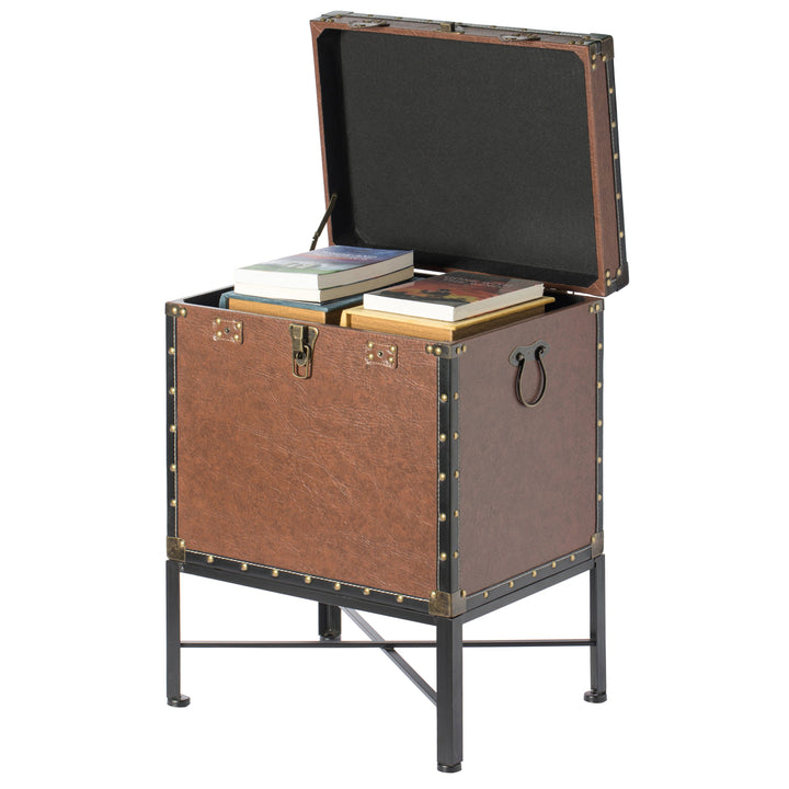 Faux Leather Trimmed Lockable Square Lined Storage Trunk, End Table on Metal Stand Image 4