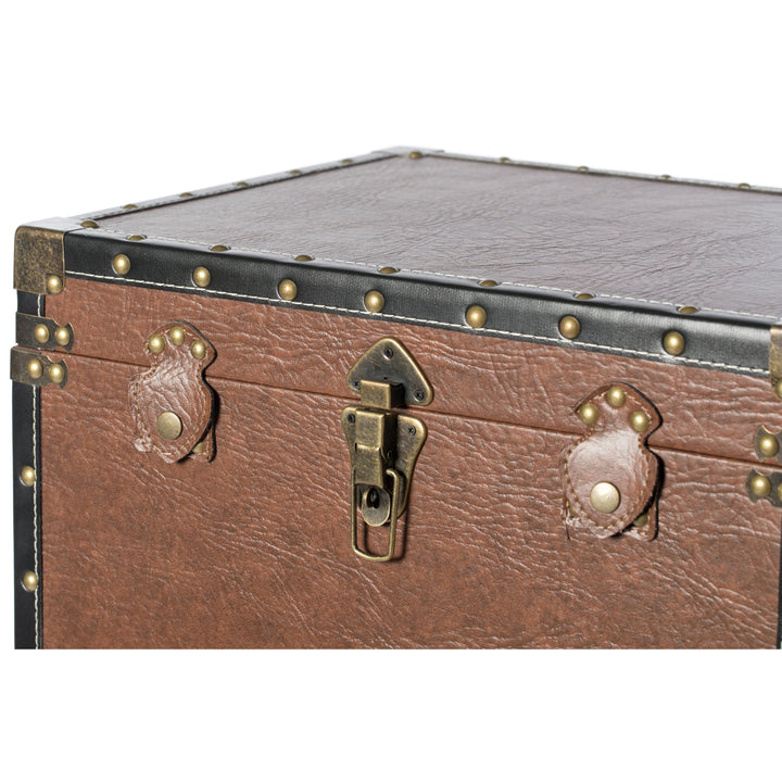 Faux Leather Trimmed Lockable Square Lined Storage Trunk, End Table on Metal Stand Image 7