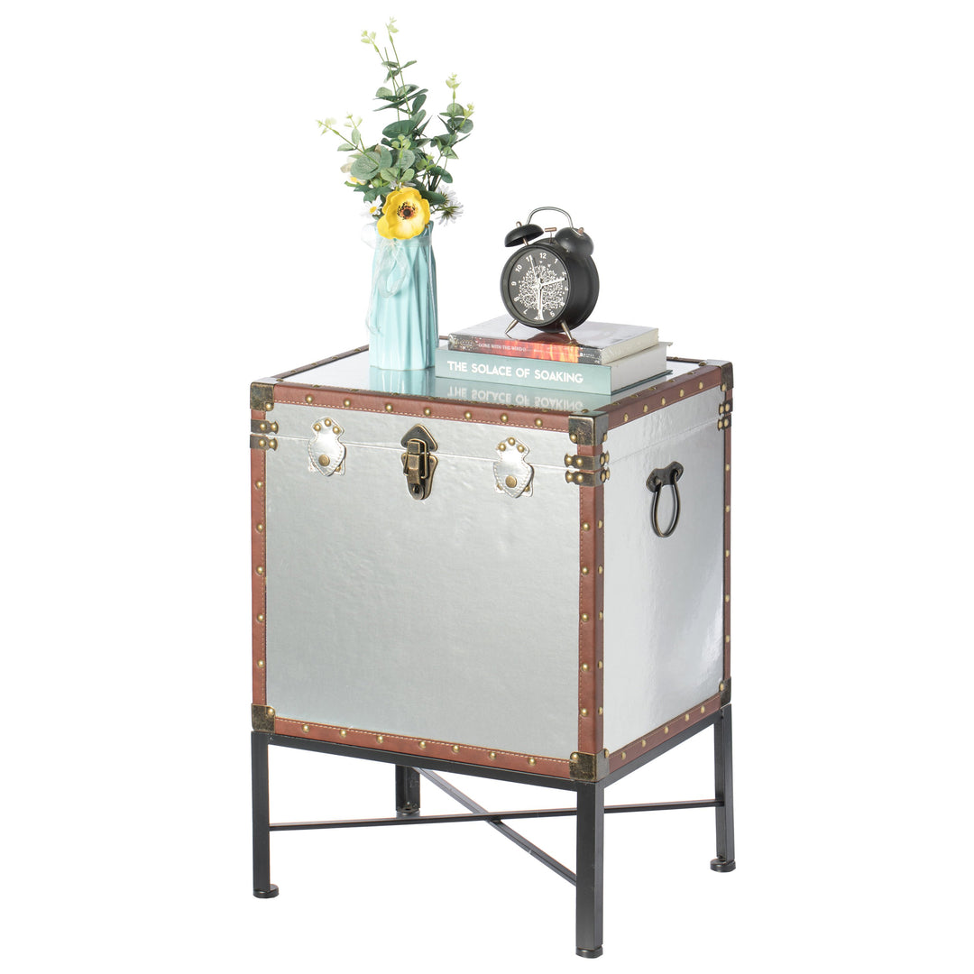 Faux Leather Trimmed Lockable Square Lined Storage Trunk, End Table on Metal Stand Image 8