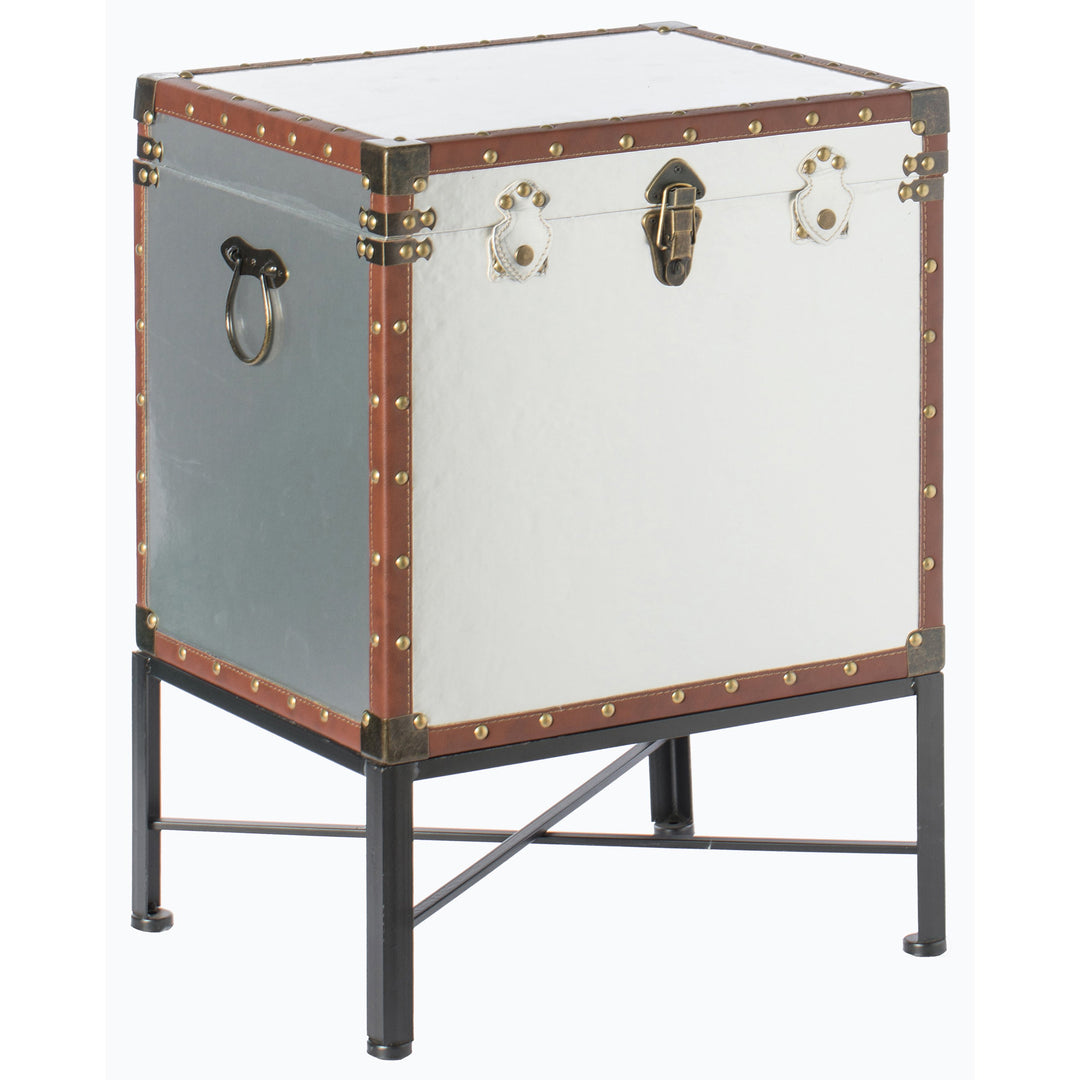 Faux Leather Trimmed Lockable Square Lined Storage Trunk, End Table on Metal Stand Image 10