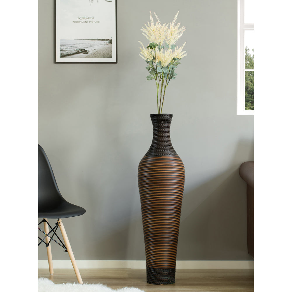 39-Inch Tall Standing Designer Floor Vase - Durable Artificial Rattan - Elegant Two-Tone Dark Brown Finish - Ideal Decor Image 2