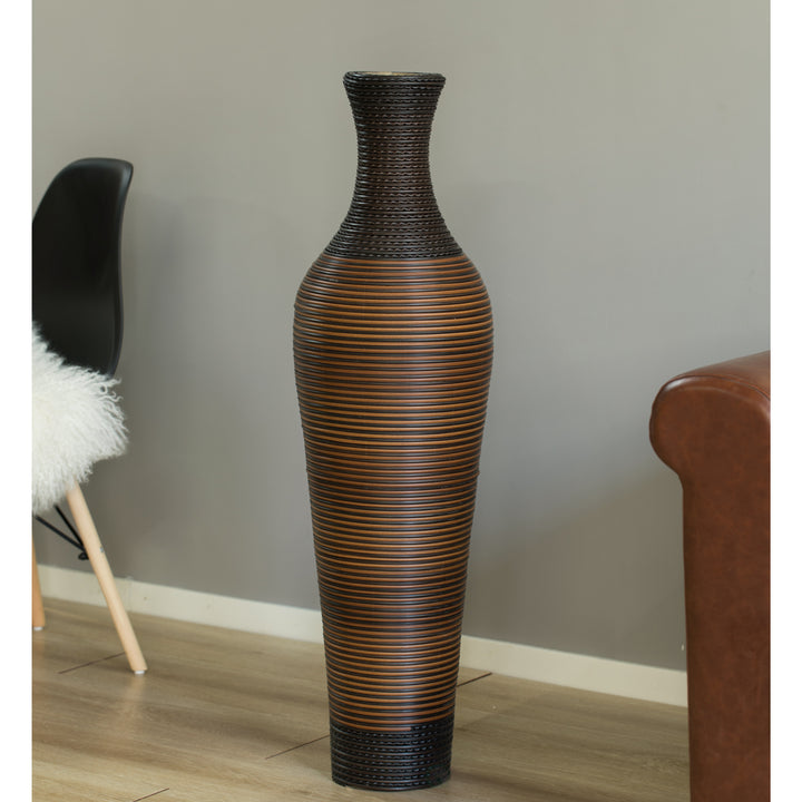 39-Inch Tall Standing Designer Floor Vase - Durable Artificial Rattan - Elegant Two-Tone Dark Brown Finish - Ideal Decor Image 5