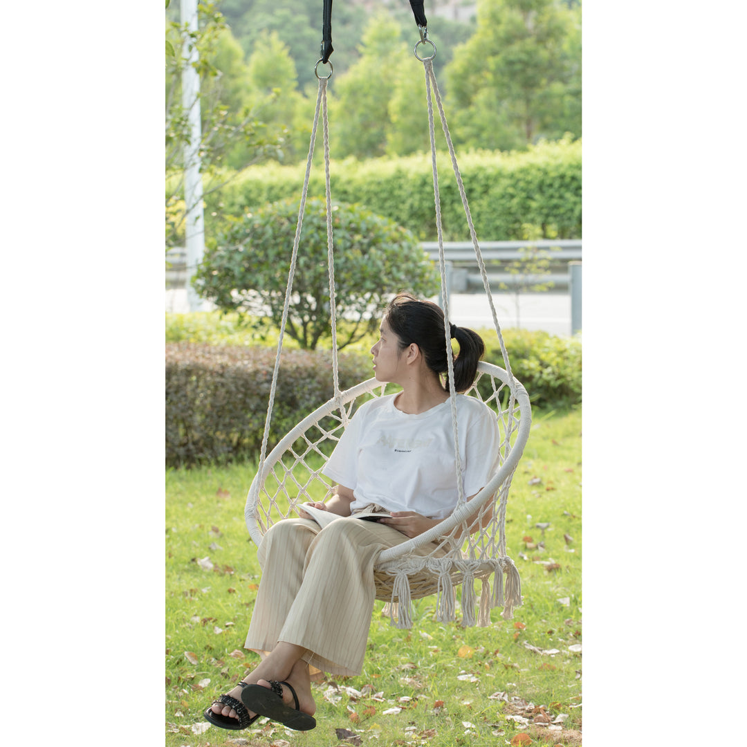 Round Hanging Hammock Cotton Rope Macrame Swing Chair for Indoor and Outdoor Image 4