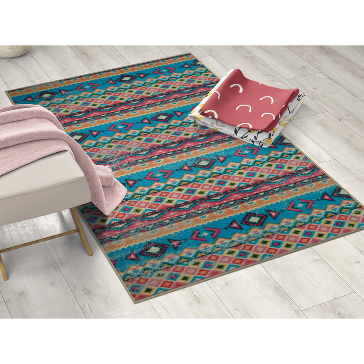 Deerlux Boho Living Room Area Rug with Nonslip Backing, Turquoise Aztec Pattern Image 3