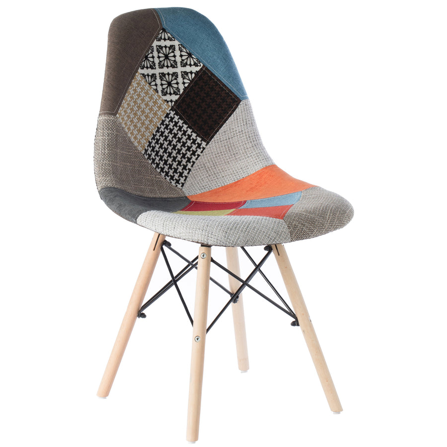 Mid-Century Modern Upholstered Plastic Multicolor Fabric Patchwork DSW Shell Dining Chair with Wooden Dowel Eiffel Legs Image 1