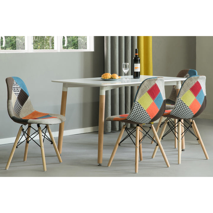 Mid-Century Modern Upholstered Plastic Multicolor Fabric Patchwork DSW Shell Dining Chair with Wooden Dowel Eiffel Legs Image 3