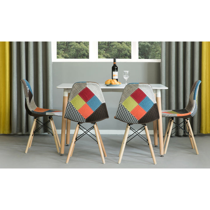 Mid-Century Modern Upholstered Plastic Multicolor Fabric Patchwork DSW Shell Dining Chair with Wooden Dowel Eiffel Legs Image 4